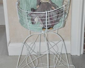 Vintage White Metal Plant Stand shown with a Vintage Madam Alexander Doll.