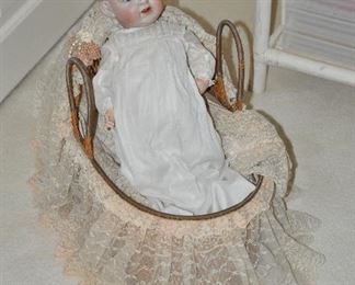 Antiique J.D Kestner 18" German Bisque Baby Doll with Original Clothing and Cradle,