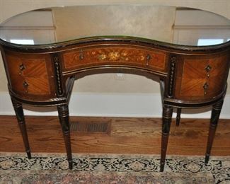 Stunning Edwardian Mahogany Kidney-Shaped Desk with Hand-Painted Front and Glass Cover, by Johnson, Handley & Johnson, Grand Rapids MI W43" x H30" x D38