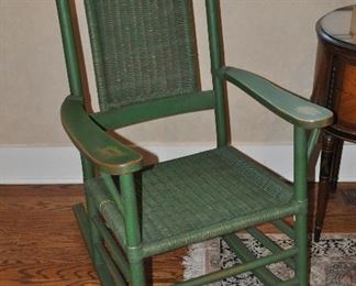.Vintage Painted Green Cane Rocking Chair