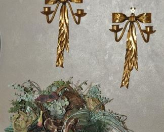 A Pair of Italian 20th C. Gold Gilt Metal Ribbon Wall Hanging Candle Sconces, 12" and one of the Many Flower Arrangements Available
