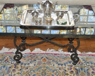 Heavy Wrought Iron Rectangle Coffee Table with Scroll Base and Glass Top, W40" x H18" x D28"