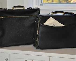 Authentic Bally Black Pebbled Leather Rolling Luggage and Garment Bag