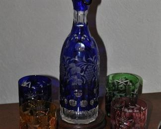 Six-Piece Nachtmann Traube Bohemian Cranberry Cut Clear Crystal Decanter with 4 Rocks Glasses