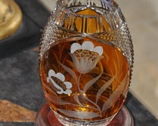 Vintage Polish Cut Crystal Vase by Julia, Swan with Flowers, Etched Amber Clear Cut
