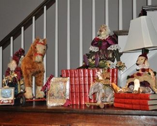 Wonderful Whimsical Christmas Themed Home Decor including a Vintage Mohair Pony on Wheels and Wooden Circus Figures. Also shown, a Set of 15 Red French Theatre Books c.1870
