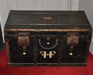 Antique French Black Leather Steamer Trunk by Lavolaille