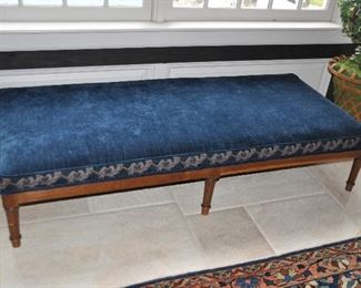 Oversized Blue Velvet Ottoman/Coffee Table with Walnut Base, W67" x H14" x D29"