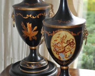 A Pair of Antique Black and Gold Peinte Tole Neo-Classic Chestnut Urns