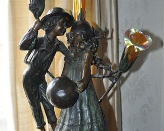 Gorgeous Bronze Sculpture Table Lamp by French Artist, August Moreau (1834-1917) with Irridescent Calla Lily Lamp Fixtures. W15" x H25" x D13"