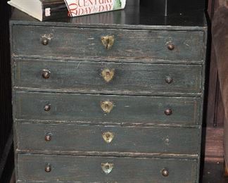 Fabulous Antique French Painted Pine Hunter Green 6 Drawer Storage Chest/ Side Table, c. 1850. W24" x H29" x D12"+