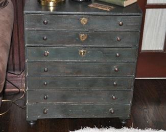 Antique French Painted Hunter Green 7 Drawer Storage Chest/Side table, c. 1850. W24" x H28" x D12"