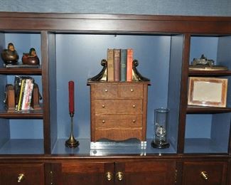 Antique Petite Wood 4-Drawer Storage Chest, W15" x H15" x H7". Shown with Vintage Book Ends, 3 Vintage Chrysler Advertising Sculptures, Wood Duck Decoys and More!+