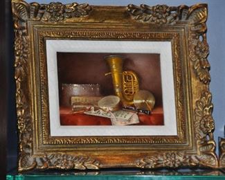 Framed and Matted Musical Still Life, Oil on Board signed Gyorgy Takacs (b. 1936- ) Hungary. 12" x 10"