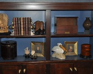 More Great Antique Decor, including an Antique Wood Travel Liquor Box, W12/5" x H10" x D8". Also, an Antique Aero-Art Wood Canister from a British WWI Aircraft Propeller, Two Antique Framed Portraits, a set of 7 Antique Leather-Bound Books, a pair of Antique French Binoculars, and a Faux Turtle Metal Hat Box with Handle