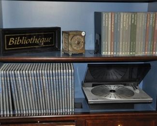 Vintage Bang & Olufson Turn Table, Model TX2, shown with an Antique Cast Iron "Burglar Proof House Safe", and a 28-Volume Collection "The Civil War" by Champ Clark.