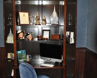 Cherry Three-Piece Desk with Display Lighted Cabinet with 15 Glass Shelves, W68" x H8' x D18"