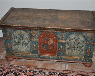 Amazing Antique Hand Painted French Storage Blue Tyrolean Chest with Flowers, W45.5" x H21" x D23"