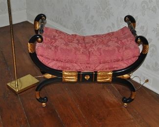 Neo-Classical X-Base Frame Bench with Carved Detail Finish in Black Enamel by the Baker Stately Home Collection, W32.5" x H24" x D17.5"