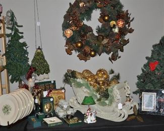 Spectacular Copper Color Custom-Made Holiday Wreath shown with Heavy Resin Sleigh, Waterford Ornaments and other Great Christmas Decor!