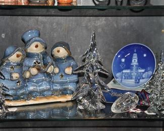 Adorable Glazed Ceramic 3 Candle Holder shown with Tuscany Crystal Christmas Trees
