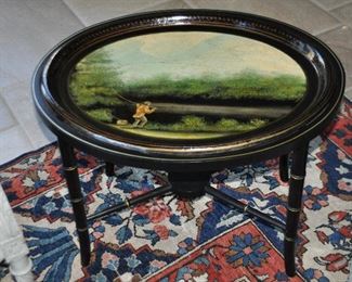 19thc. French Hand-Painted with a Fishing Scene Tole Tray Table, W25" x H20" x D21"