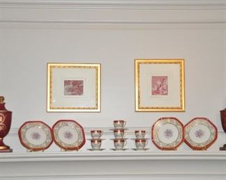 On the Mantle is a Pair of Maroon and Gold Metal Decorative 13" Lidded Urns and a Beautiful Vintage 22-Piece Set of 8 Coronado Dessert Plates and 7 Cups and Saucers
