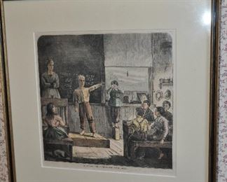 Framed and Matted Antique Etching, "Young Orator" in a Village Public School, c.1800. 14.5" x 14.5"