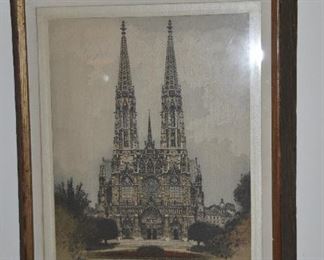 Framed, Original Emil Singer Antique Etching, Charles Church, Vienna . 16" x 19"