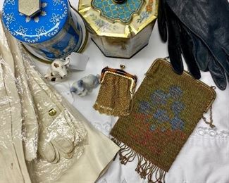 Vintage leather gloves, purses, linens, & tin canisters