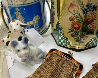 Charming vintage tins, purses, and porcelain dogs