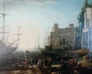 Original Oil, Port Scene with Villa Medici, after Claude Lorrain