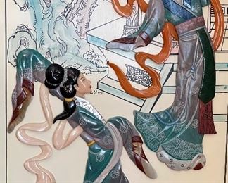 Vintage 2-Sided Room Divider Screen w Raised Figures Asian 4 Panels