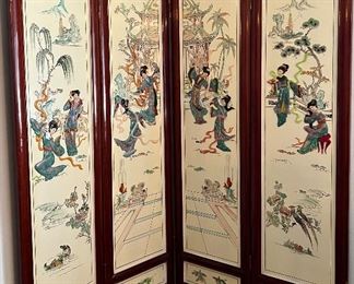 Vintage 2-Sided Room Divider Screen w Raised Figures Asian 4 Panels