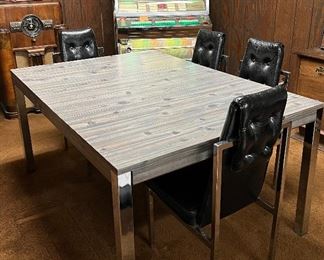 Vtg 1970's Cal-Style Black Tufted Vinyl and Chrome Geometric Chairs s/4
Wood Look Laminate and Chrome Table w Leaf