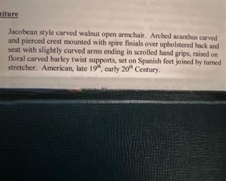 Jacobean Style Carved walnut Open armchair. Arched acanthus carved & Pierced crest mounted with spire finials over upholstered back and seat with slightly curved arms ending in scrolled hand grips, raised on floral carved barley twist supports, set on Spanish feet joined by turned stretcher. American 