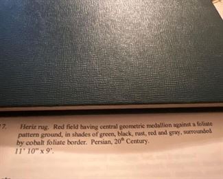 Heriz Rug. Red Field Having central geometric medallion against a foilate pattern ground in shades of green, black, rust, red & Gray, surrounded by colbalt foliate border. Persian 20th century. 11' 10"  x 9'.