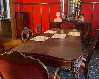 Louis Revival Style Marquetry Dining Table with Six Chairs