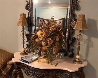 Stunning and Huge! Marble Topped Carved Wood Console Table
