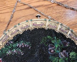 Antique 1880's&nbsp;Hand Beaded Bag with Sterling Silver Frame adorned with Genuine Pearls and Emeralds and Rubies