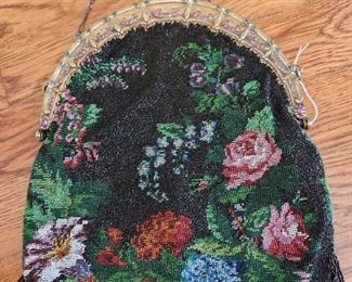 Antique 1880's&nbsp;Hand Beaded Bag with Sterling Silver Frame adorned with Genuine Pearls and Emeralds and Rubies