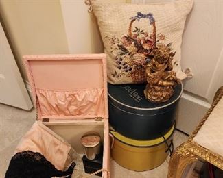Needlepoint Pillows and Vintage Hat Boxes
