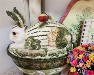 Vintage Cabbage Leaf Majolica Bunny Rabbit Soup Tureen
