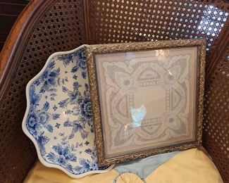 Delft Platter, Vintage Framed Lace