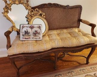 Stunning Cane Back Bench with Silk Cushion and Silk Arm Detailing