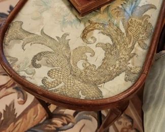 Antique Accent Table with Embroidered Silk Under Glass
