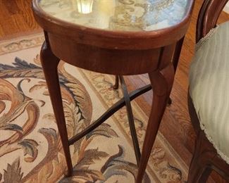 Antique Accent Table with Embroidered Silk Under Glass