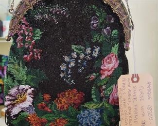 Antique 1880's&nbsp;Hand Beaded Bag with Sterling Silver Frame adorned with Genuine Pearls and Emeralds and Rubies