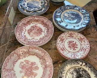 Transferware plates red, blue and black