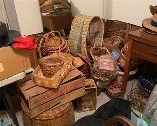 Many beautiful baskets, sewing cabinet, beautiful mirror